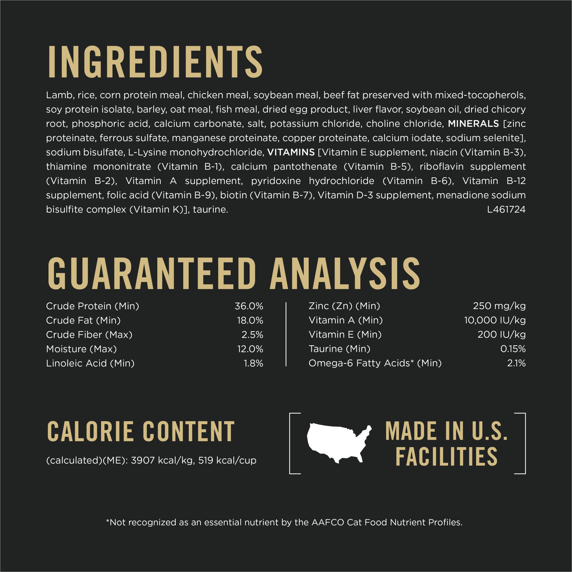 Purina Pro Plan etiqueta de ingredientes resaltando cordero como primera fuente