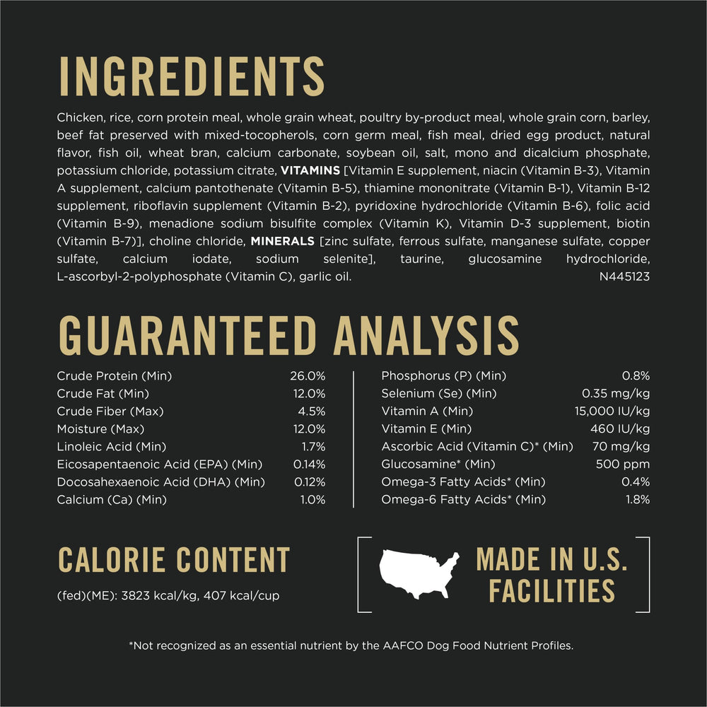 Purina Pro Plan etiqueta nutricional con información de proteínas y grasas
