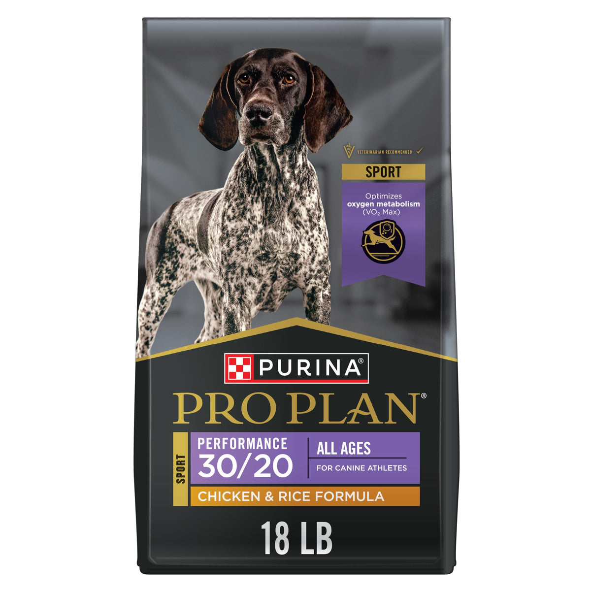 Purina Pro Plan frente de la bolsa 18 lb mostrando la marca y la fórmula, nutrición para rendimiento