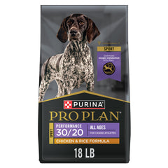 Purina Pro Plan frente de la bolsa 18 lb mostrando la marca y la fórmula, nutrición para rendimiento