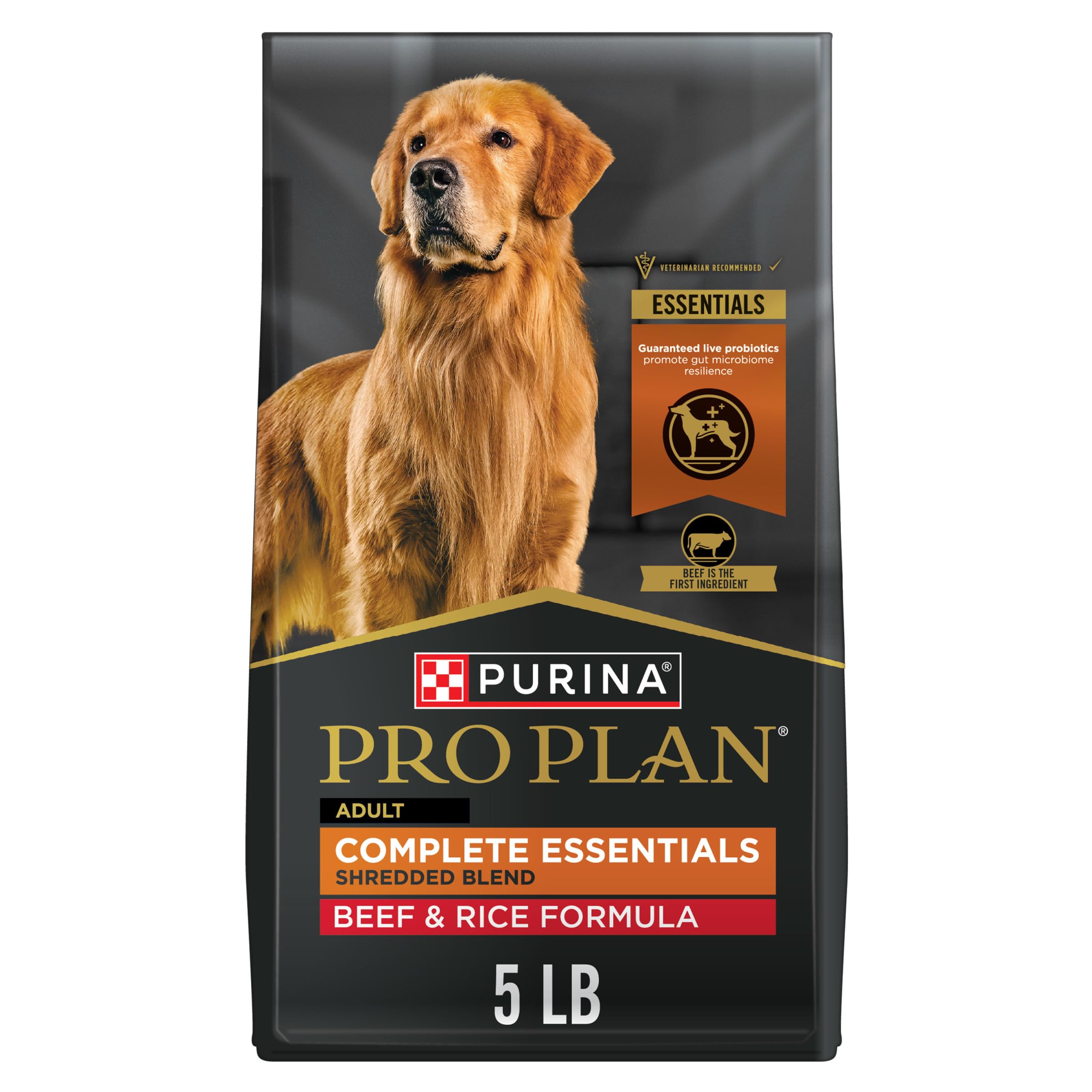 Purina Pro Plan empaque frontal 5 lb mostrando la fórmula beef & rice y beneficios