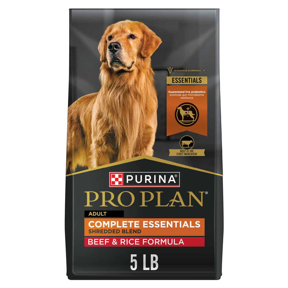 Purina Pro Plan empaque frontal 5 lb mostrando la fórmula beef & rice y beneficios