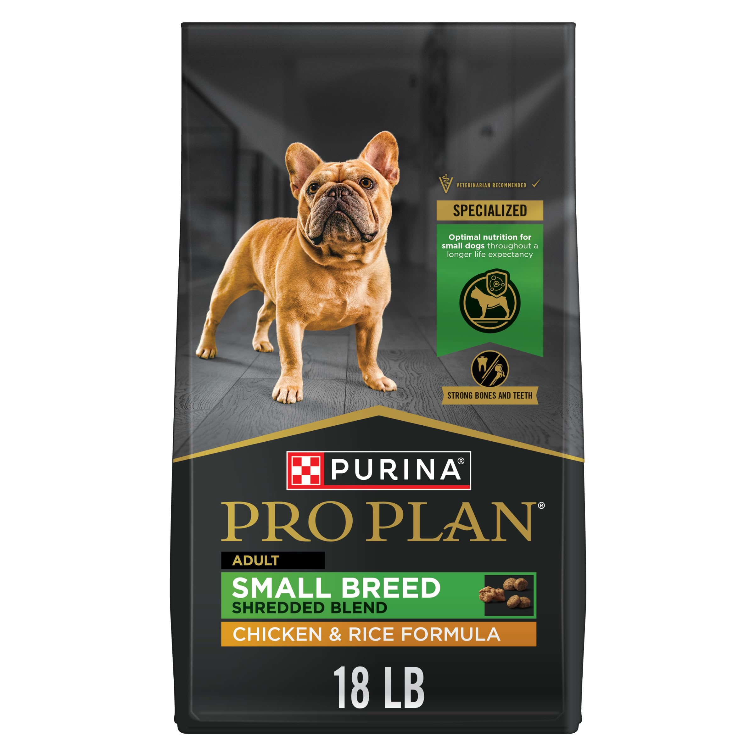 Purina Pro Plan frente del paquete mostrando beneficios y tamaño de 18 lb