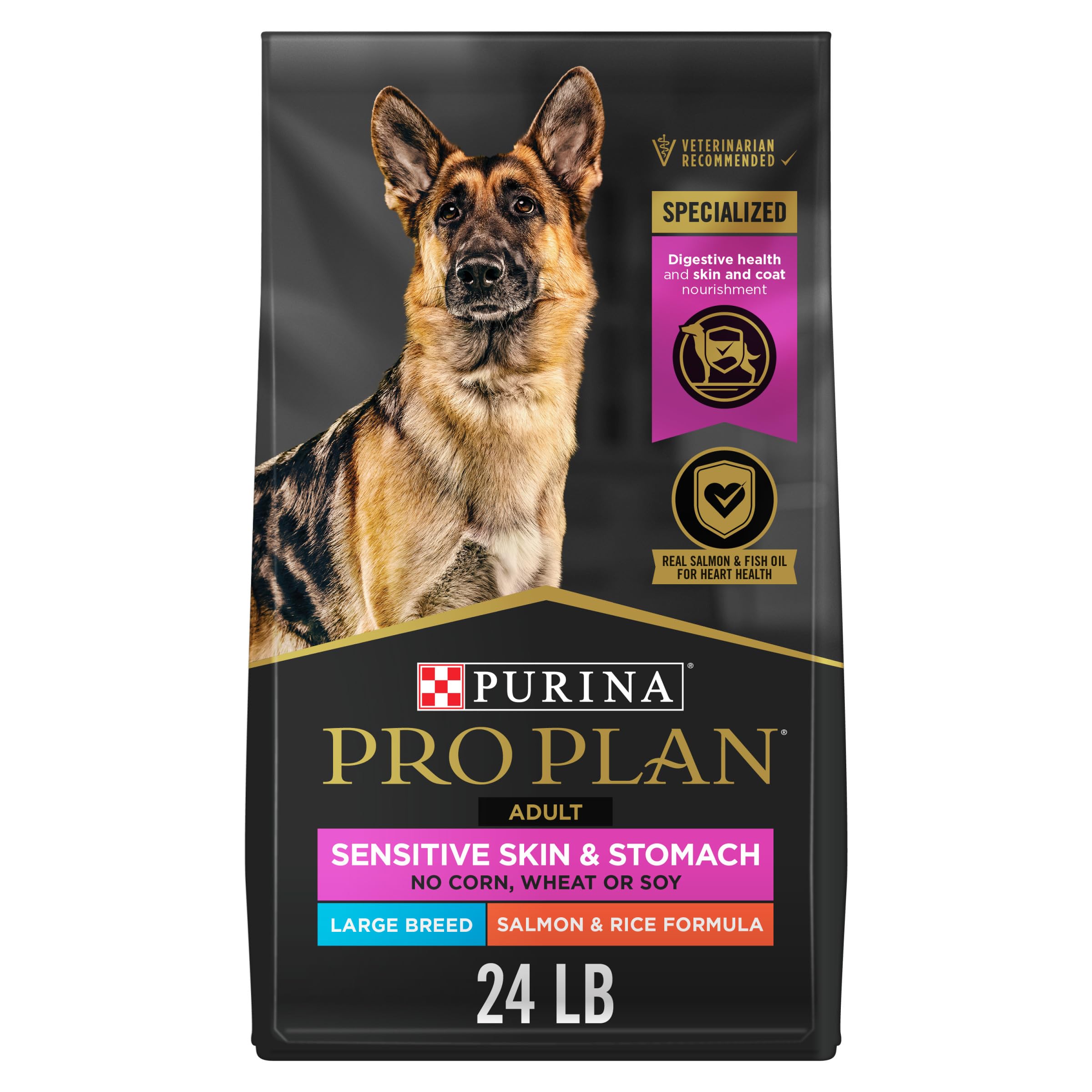 Purina Pro Plan vista frontal del paquete mostrando fórmula para razas grandes y beneficio digestivo