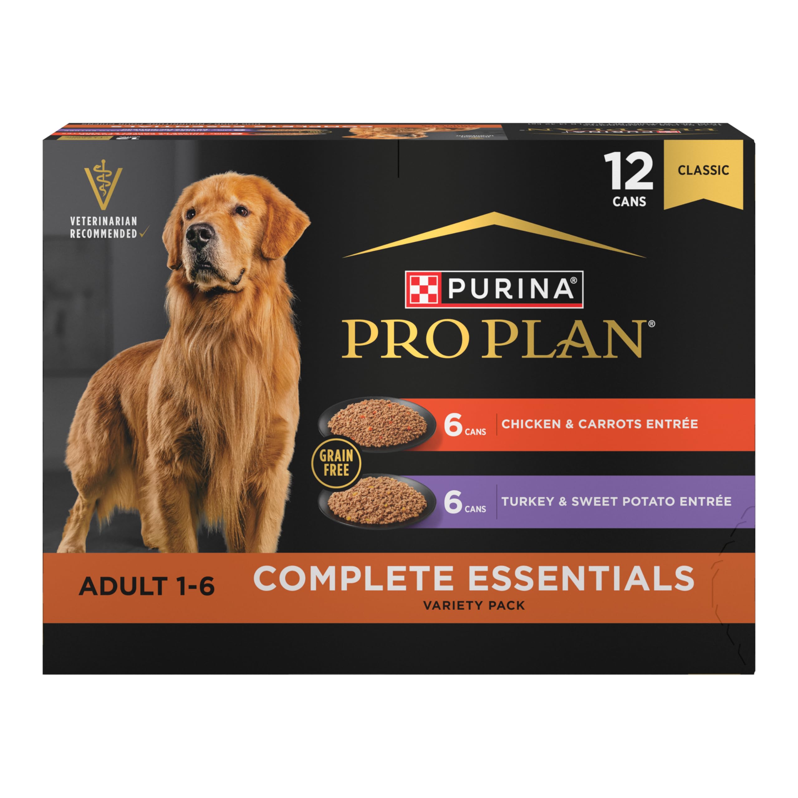 Purina Pro Plan frente del paquete con latas, muestra variedad y conveniencia