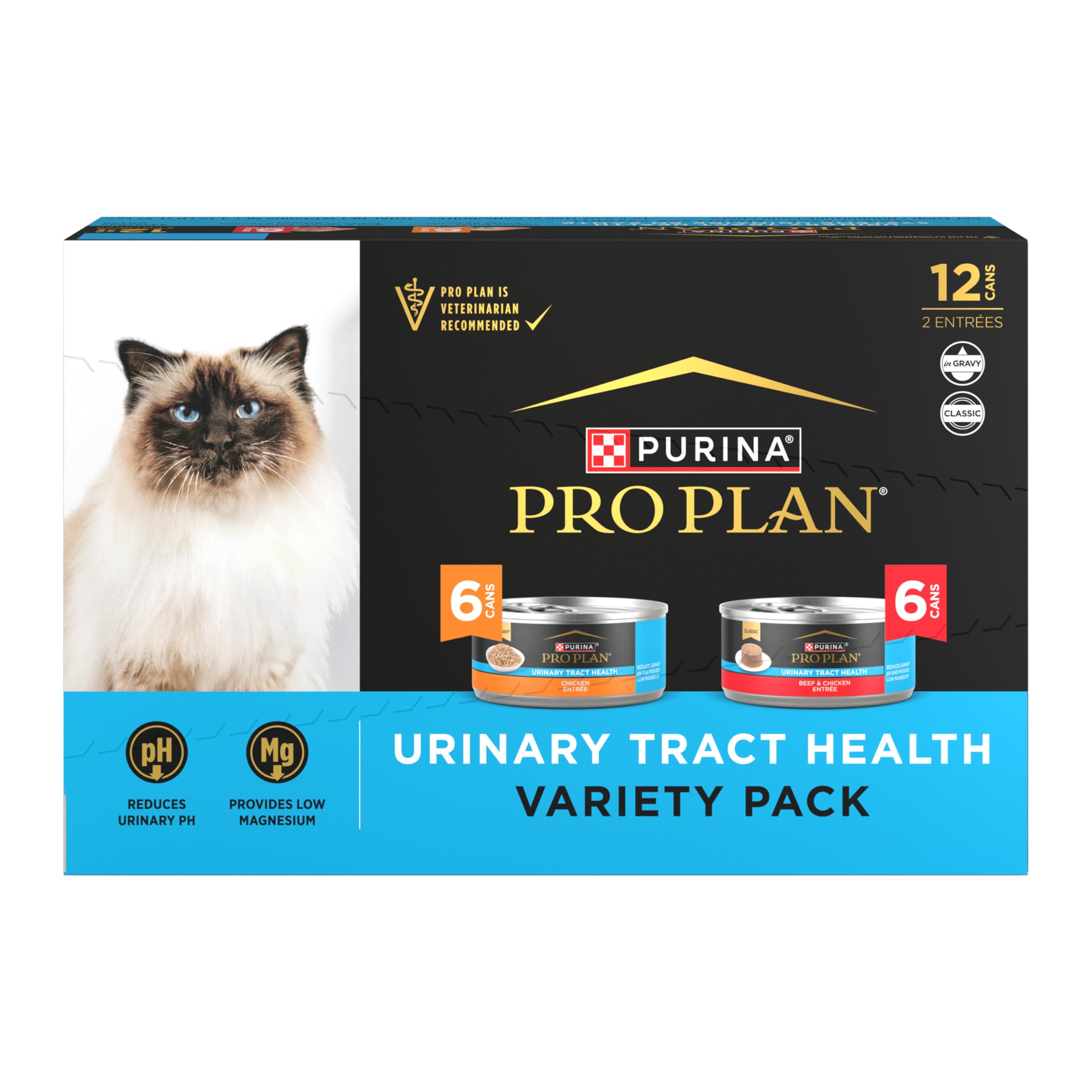 Purina Pro Plan paquete de 12 latas frontal con variedad y conveniencia