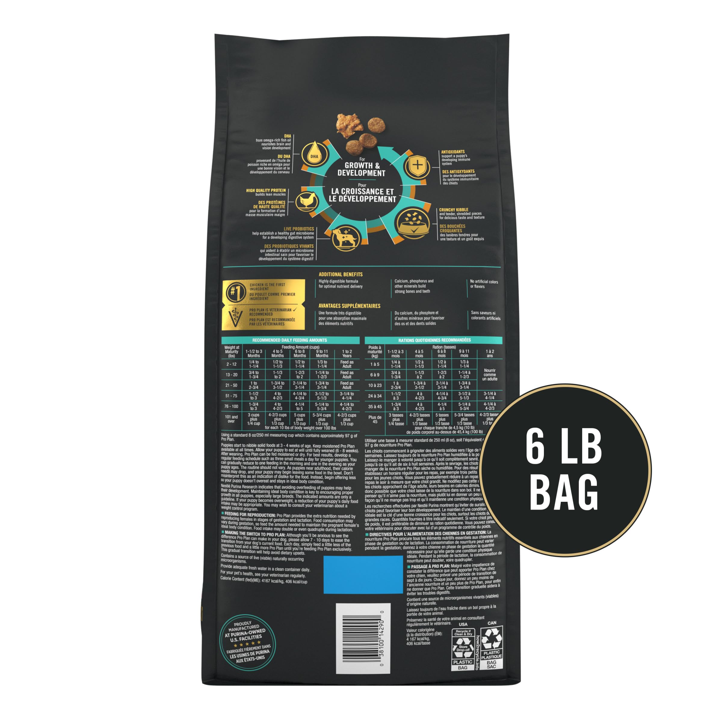 Purina Pro Plan bolsa 6 lb junto a mano para referencia de tamaño