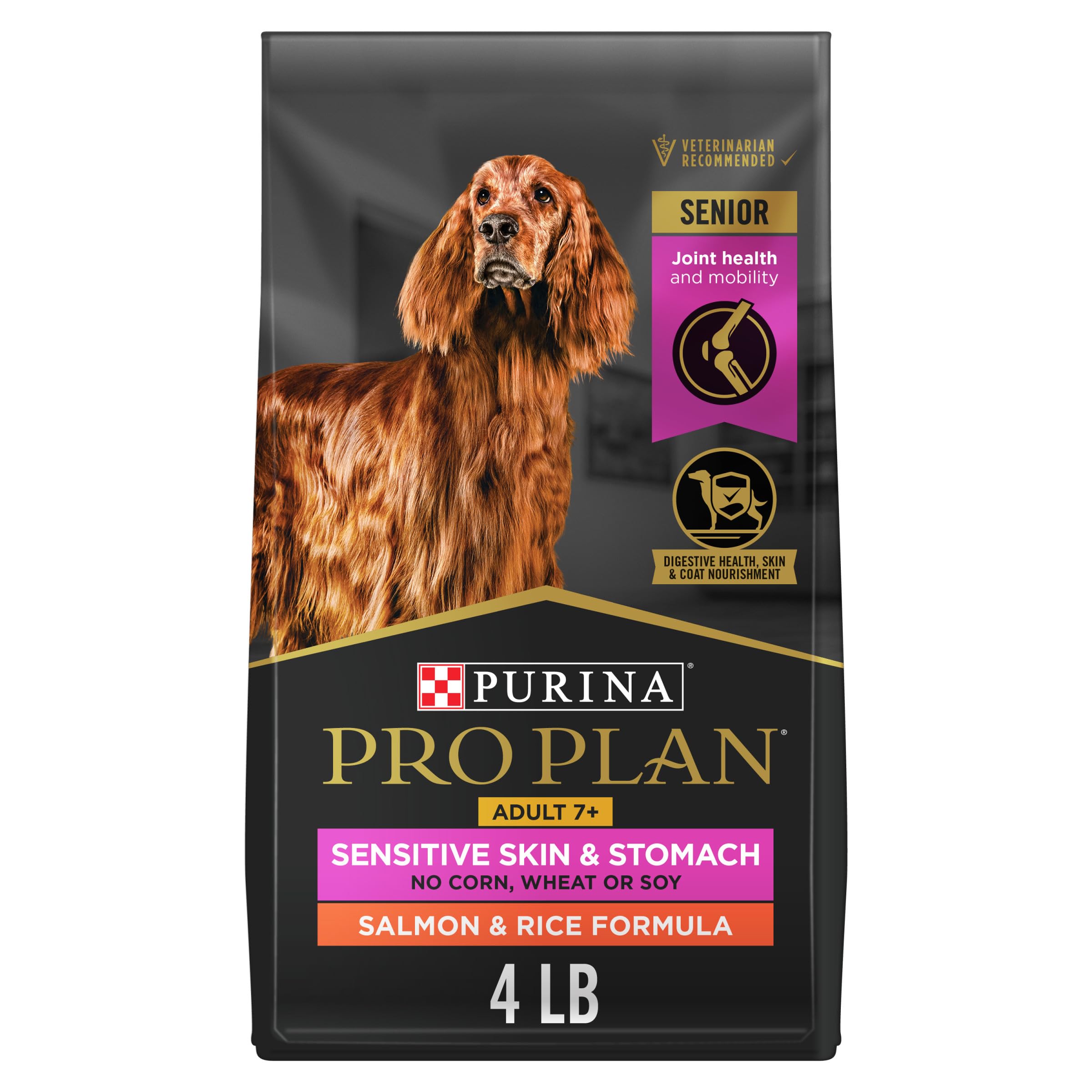 Purina Pro Plan paquete frontal mostrando salmón y arroz, claridad de fórmula
