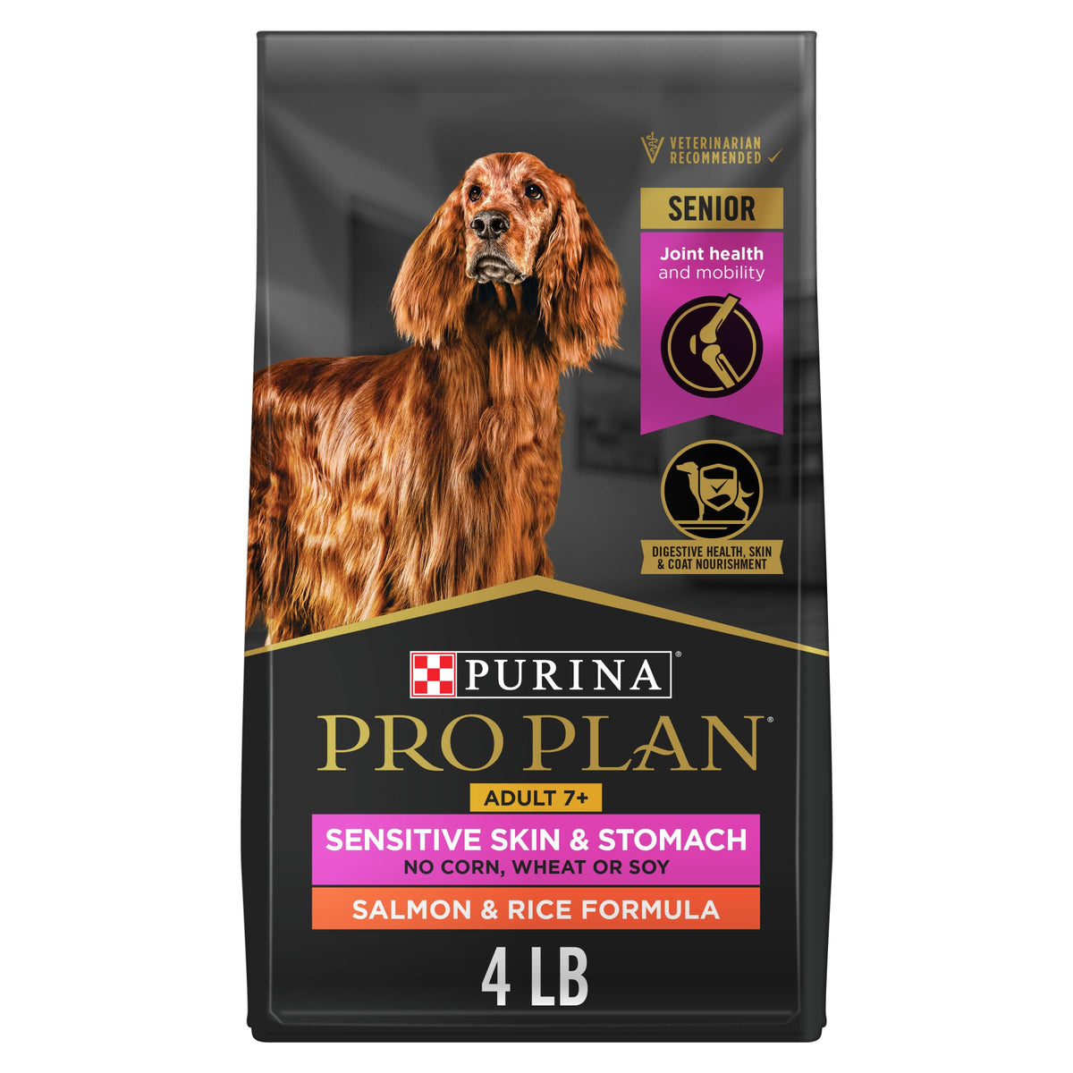 Purina Pro Plan paquete frontal mostrando salmón y arroz, claridad de fórmula