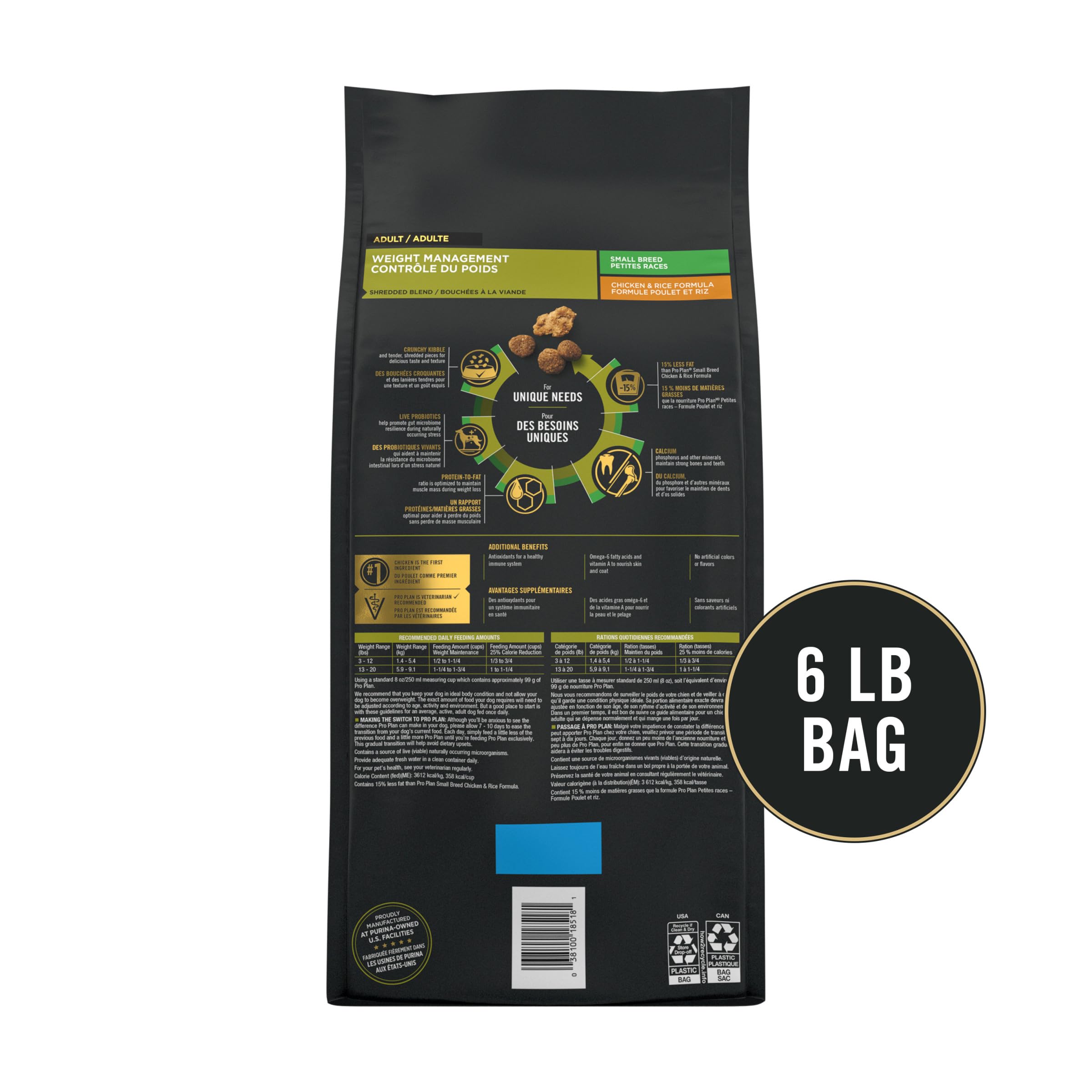 Purina Pro Plan bag beside a scale for portion and calorie comparison