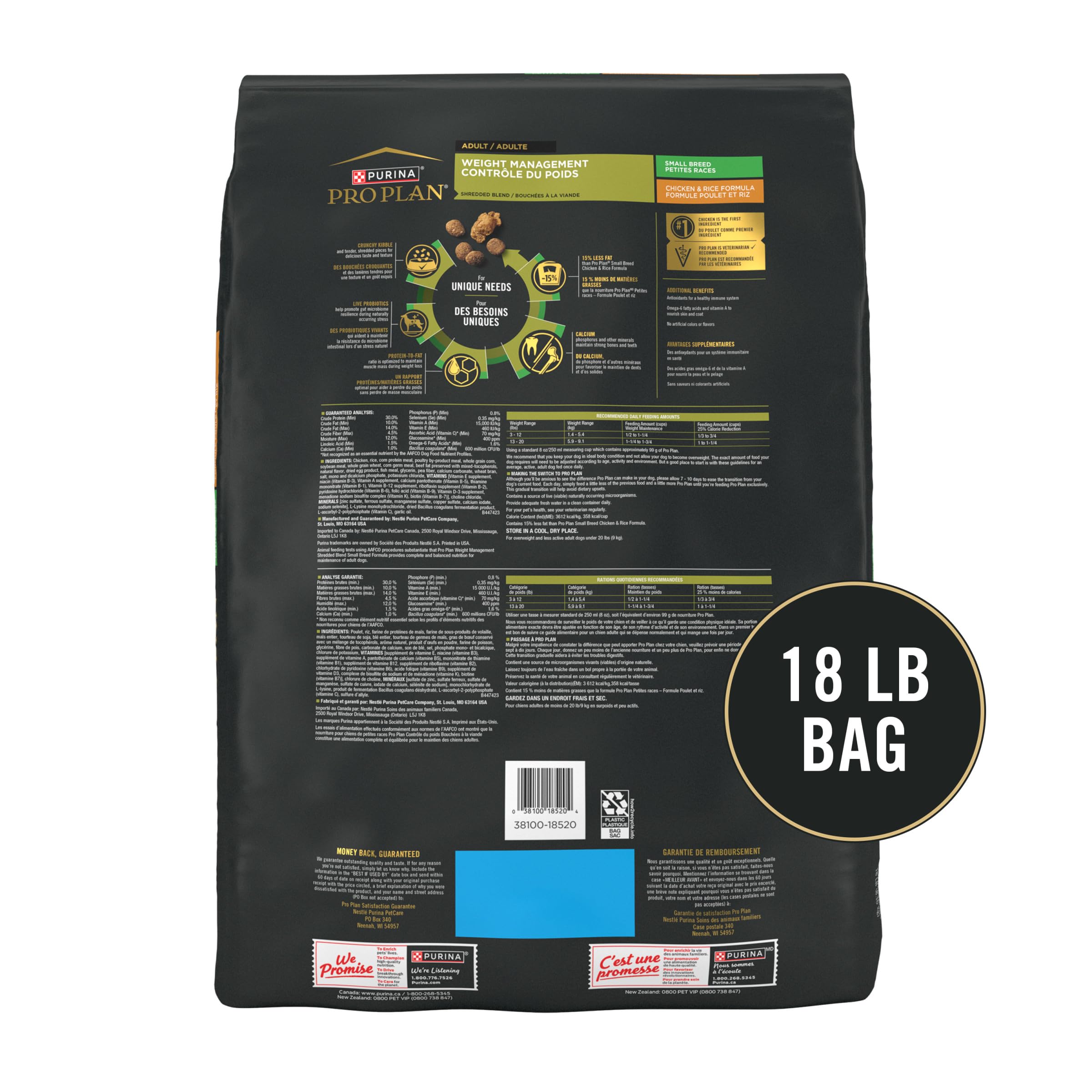 Purina Pro Plan bolsa de 18 lb comparada con mano para escala clara