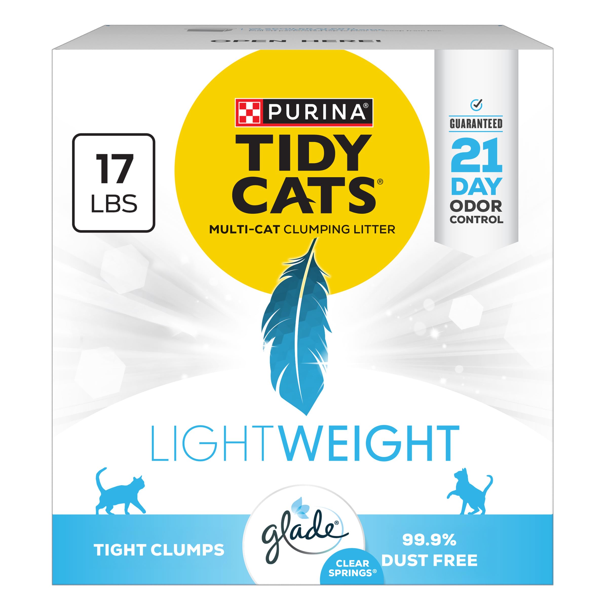 Purina Tidy Cats front packaging showing 17 lb lightweight bag and branding benefit ease