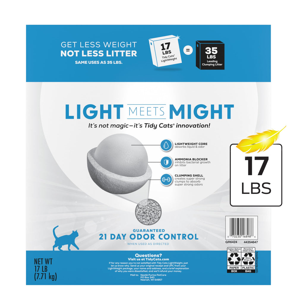 Product label close-up of Purina Tidy Cats features and directions
