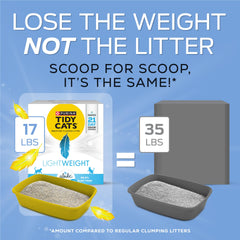 Purina Tidy Cats being poured into a box showing lightweight handling and quick refill benefit