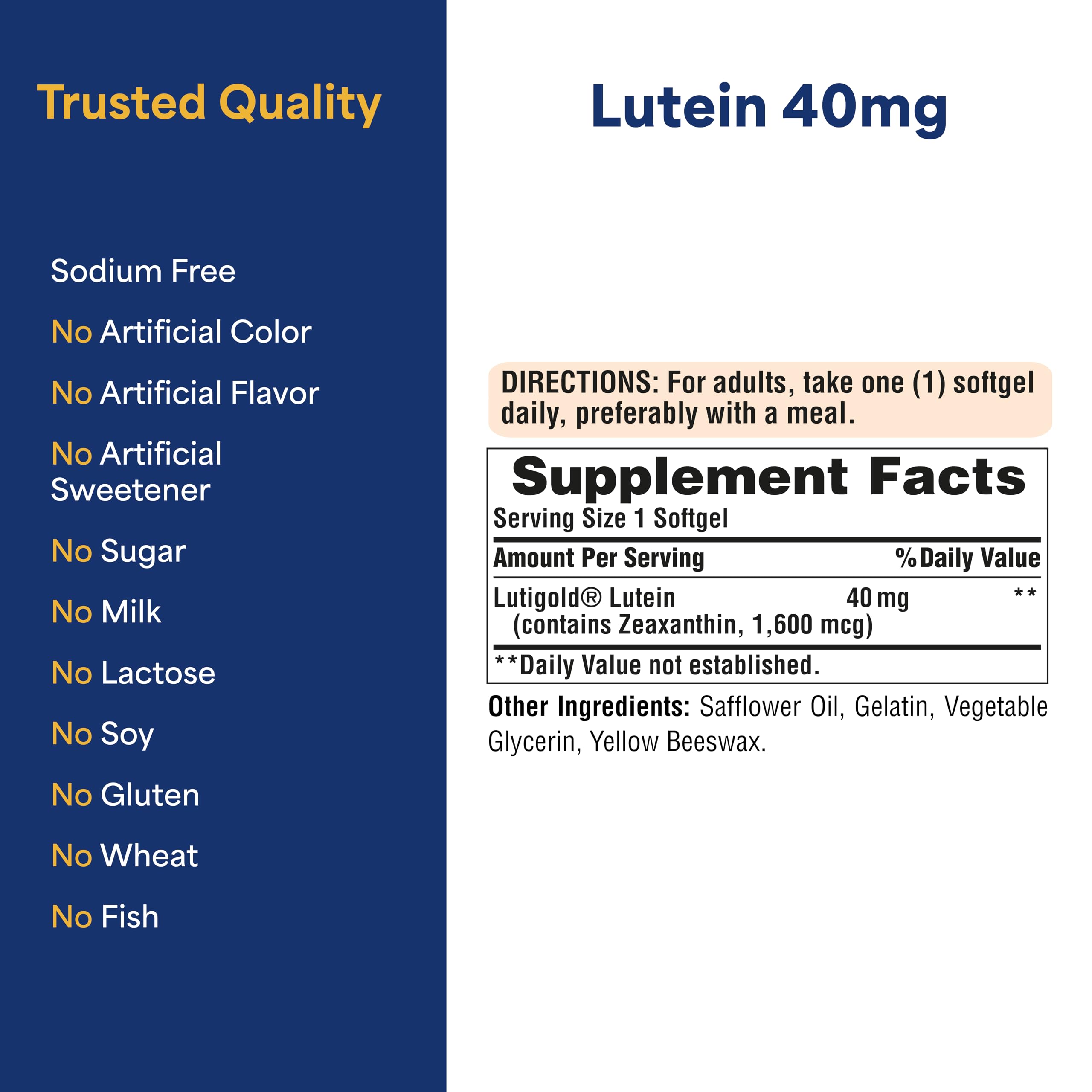 Puritan's Pride etiqueta nutricional Lutigold enfocada en ingredientes y concentración