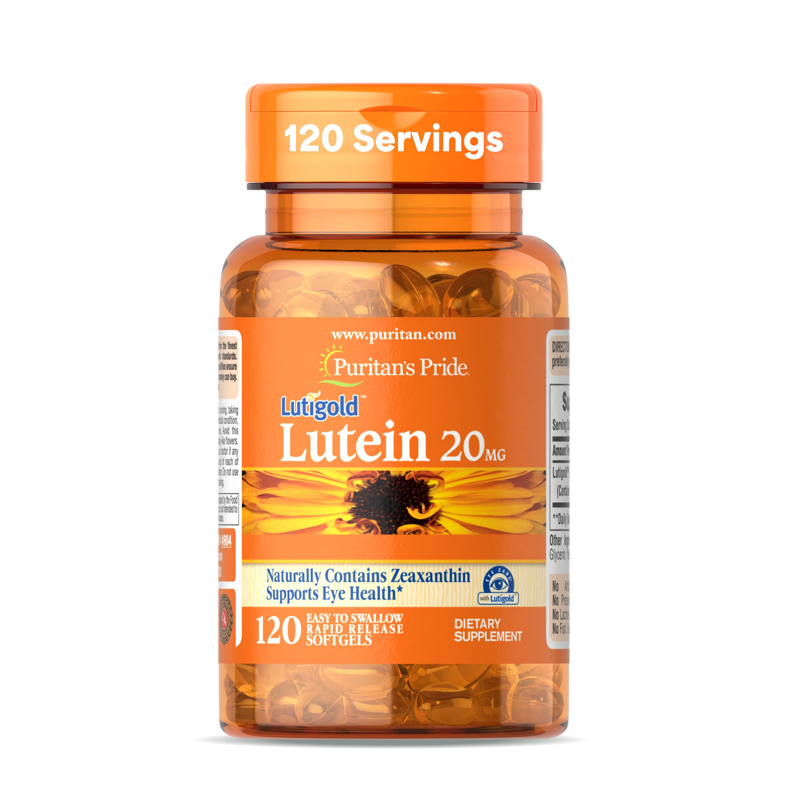 Puritan's Pride Lutigold frontal mostrando envase y cantidad 120 para conveniencia