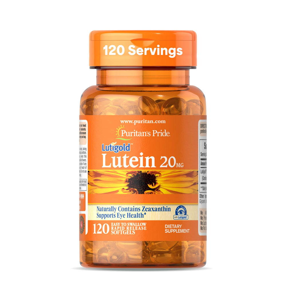 Puritan's Pride Lutigold frontal mostrando envase y cantidad 120 para conveniencia