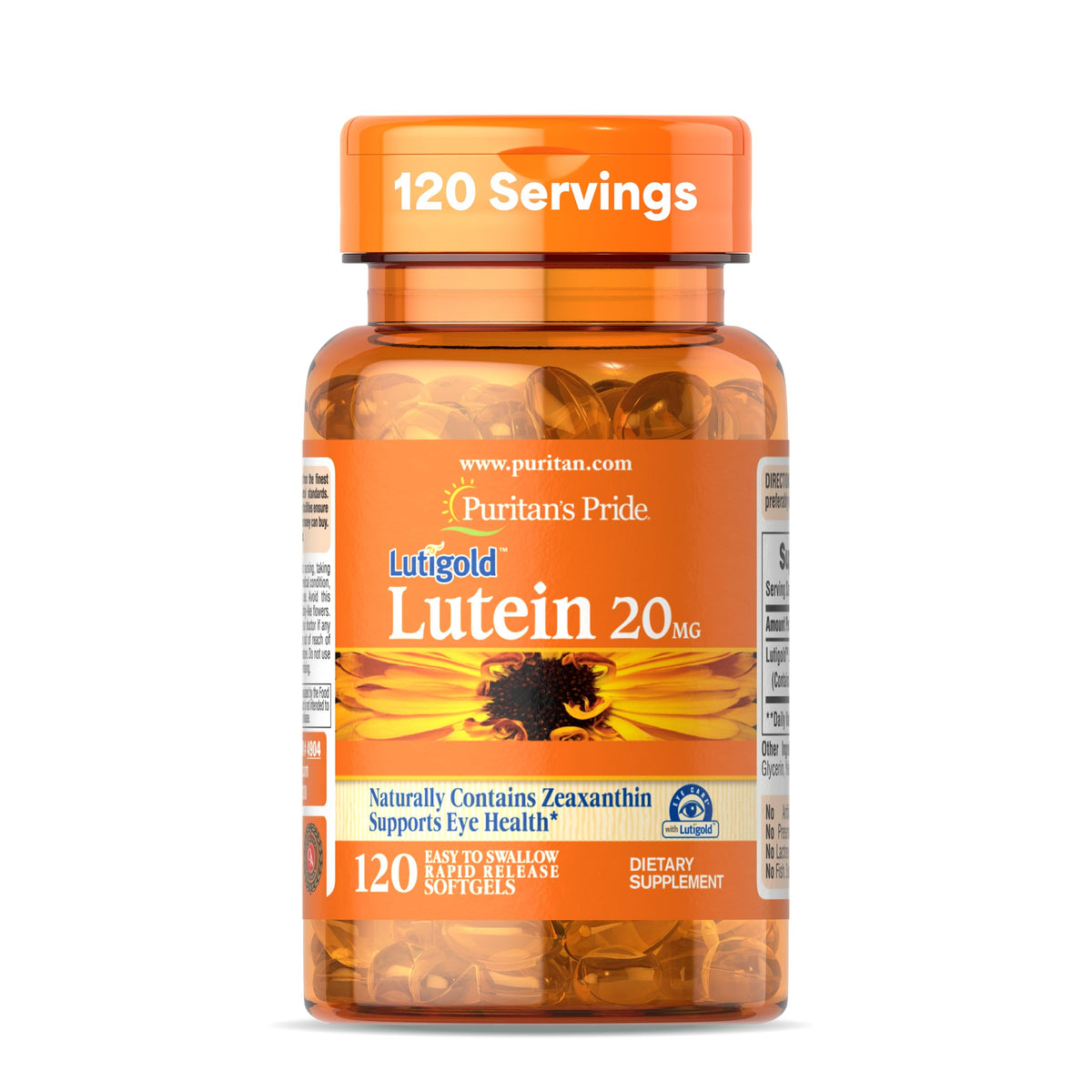 Puritan's Pride Lutigold frontal mostrando envase y cantidad 120 para conveniencia