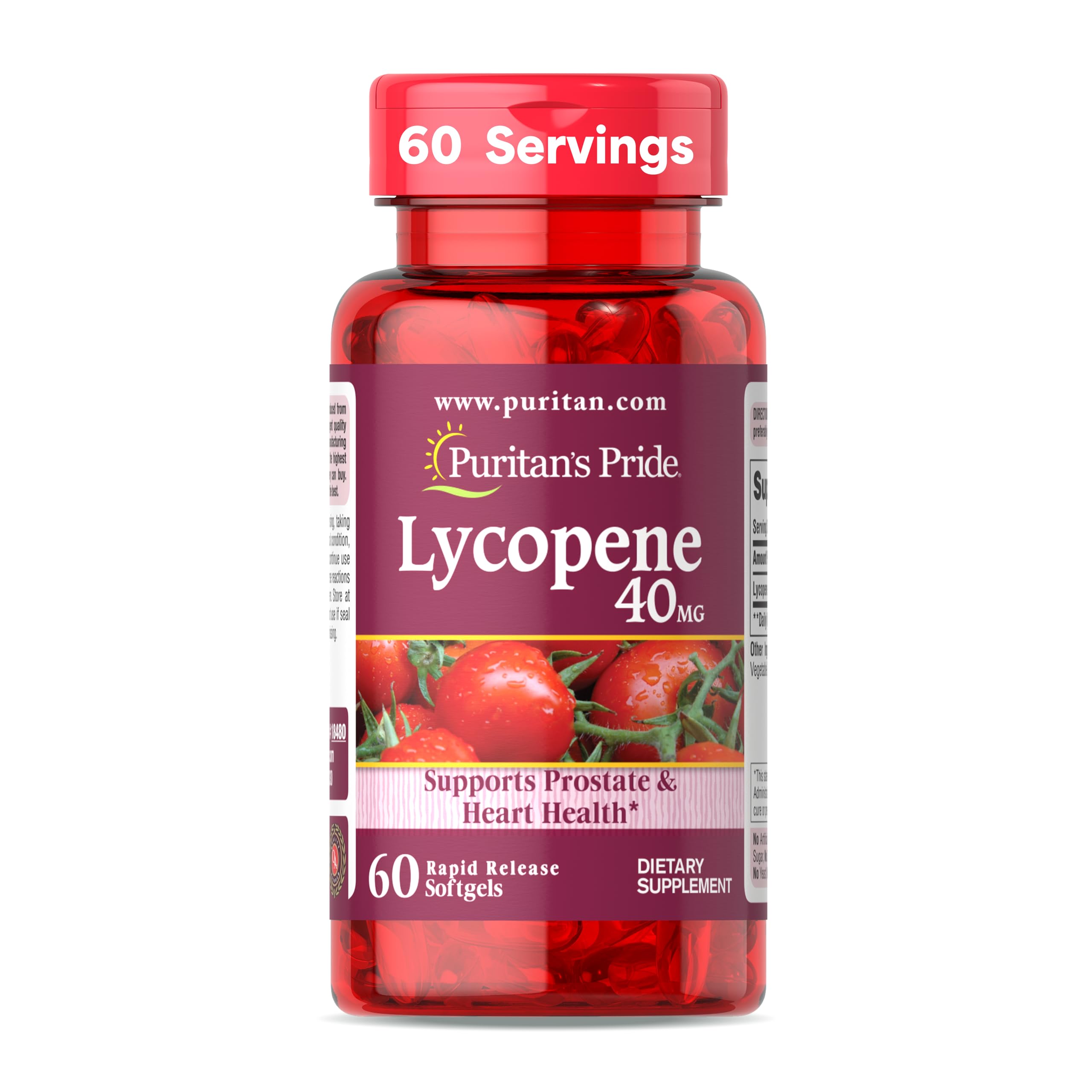 Puritan's Pride frasco frontal de Lycopene 40 mg mostrando etiqueta clara y beneficio antioxidante
