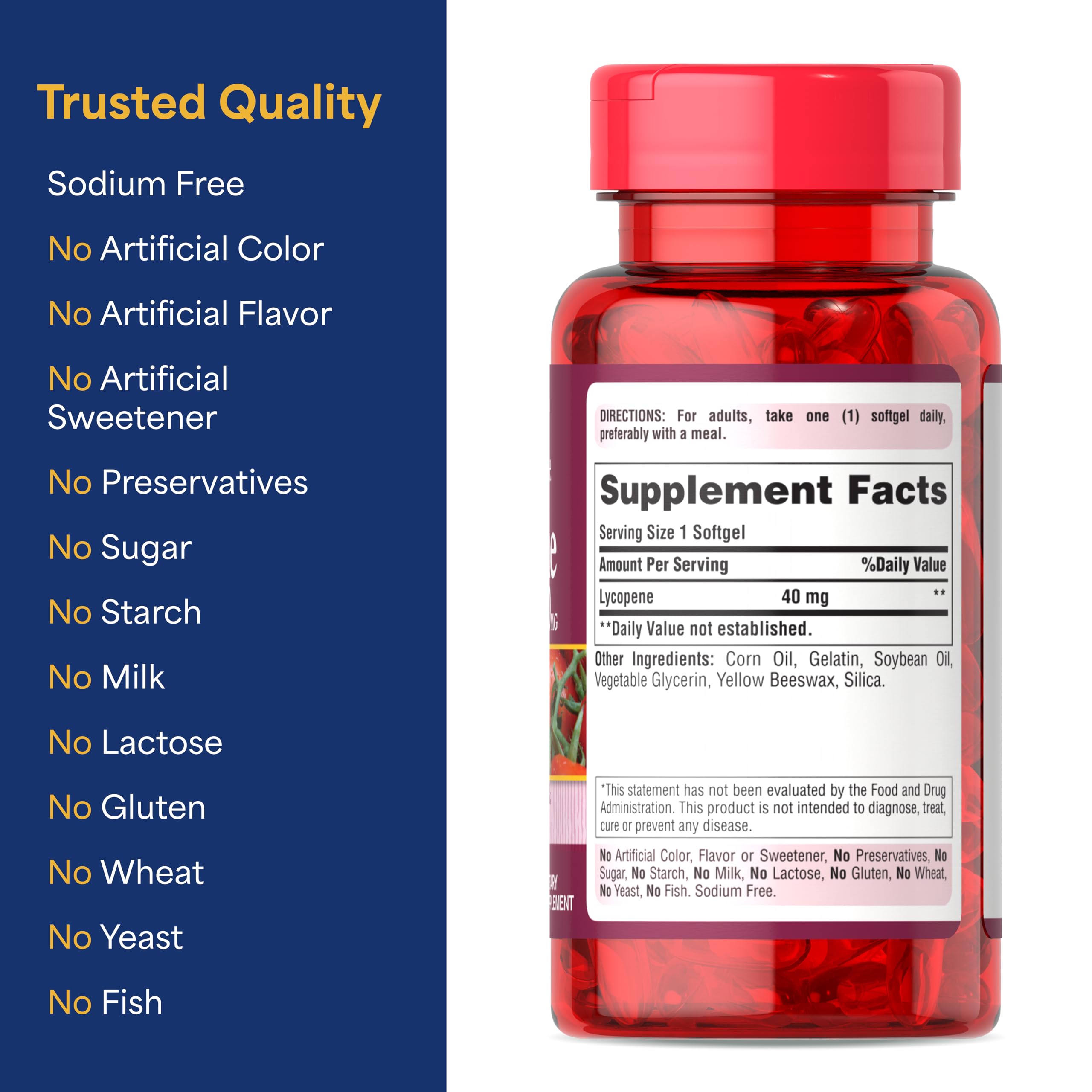 Gota de aceite y cápsula Puritan's Pride Lycopene para ilustrar perfil liposoluble y absorción