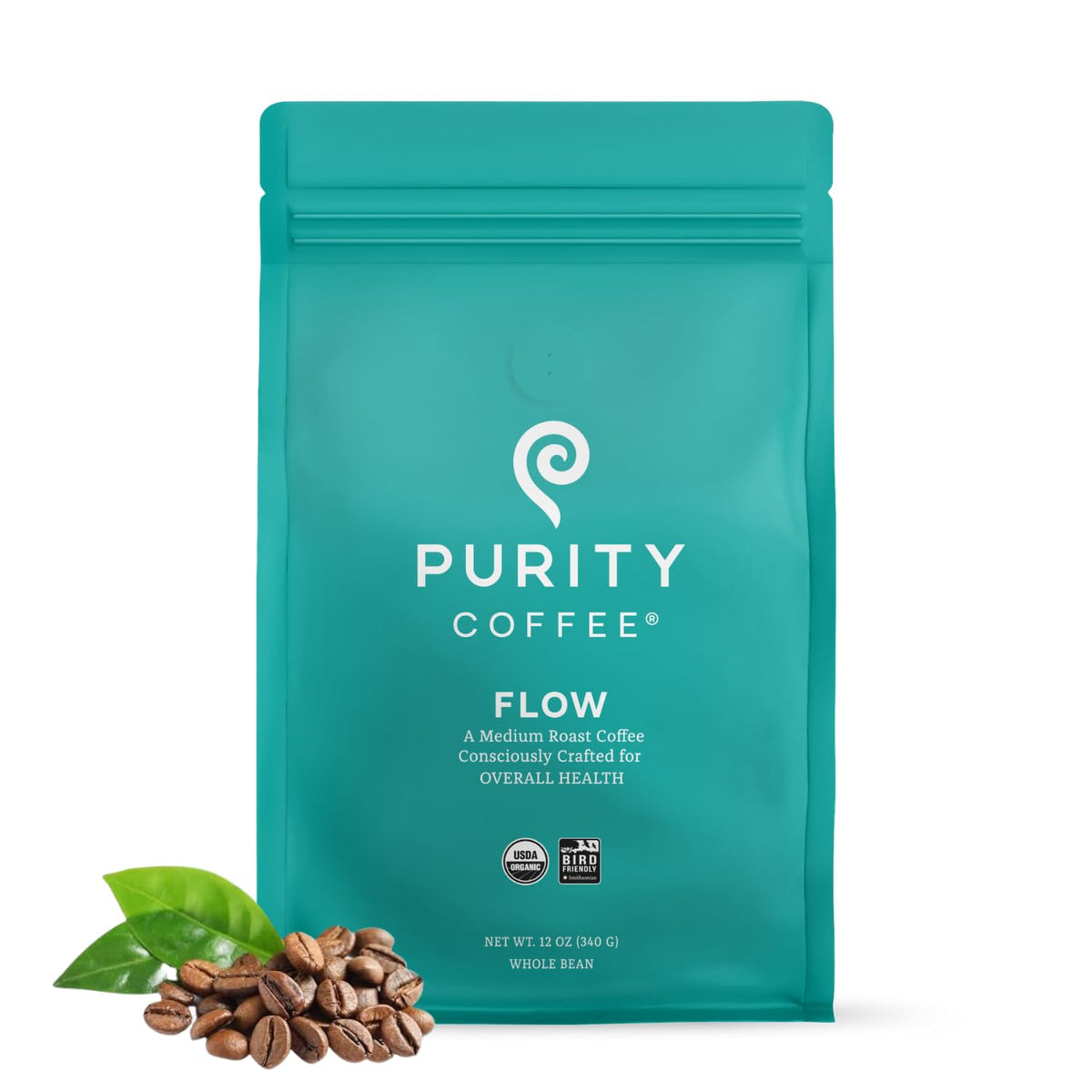 PURITY COFFEE bolsa frontal FLOW mostrando diseño y tamaño 12oz, beneficio claridad de producto