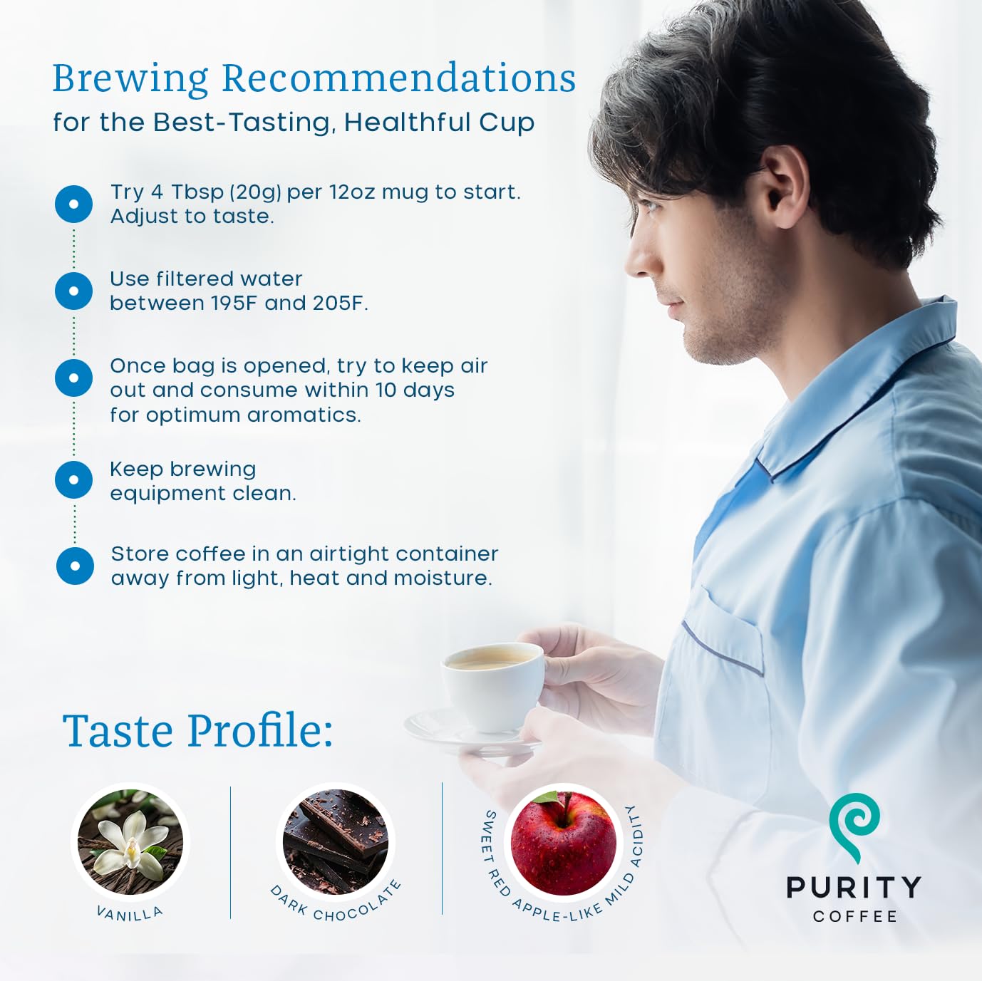 PURITY COFFEE bolsa en mano para comparar tamaño y porción práctica