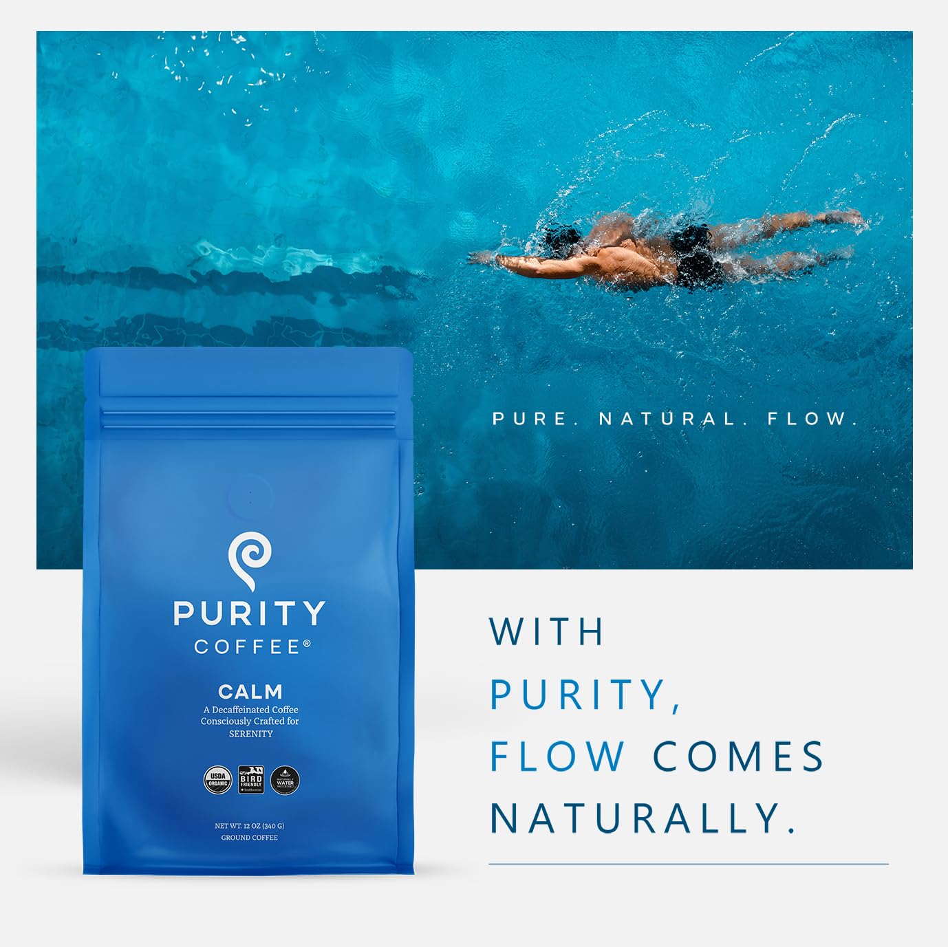 PURITY COFFEE etiqueta con certificaciones USDA Organic y Rainforest Alliance