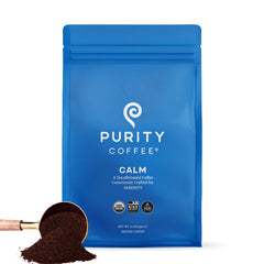 PURITY COFFEE bolsa frontal CALM descafeinado mostrando empaque y frescura