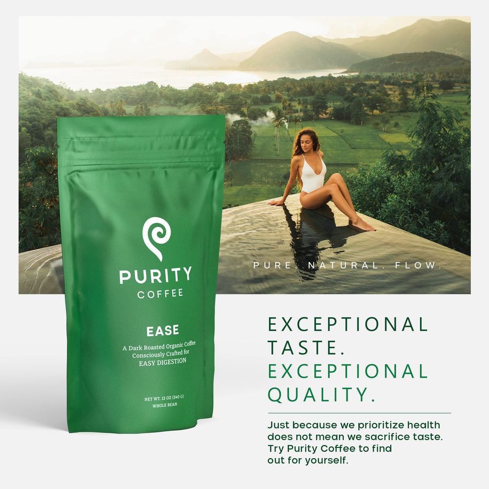 PURITY COFFEE bolsa de 12oz EASE comparada con taza para escala