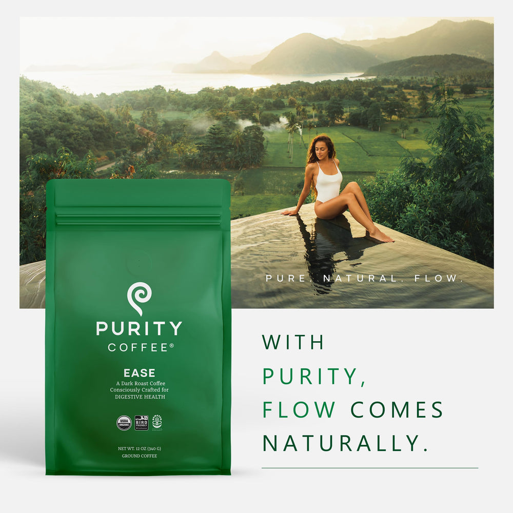 PURITY COFFEE EASE bolsa junto a una regla para mostrar tamaño real