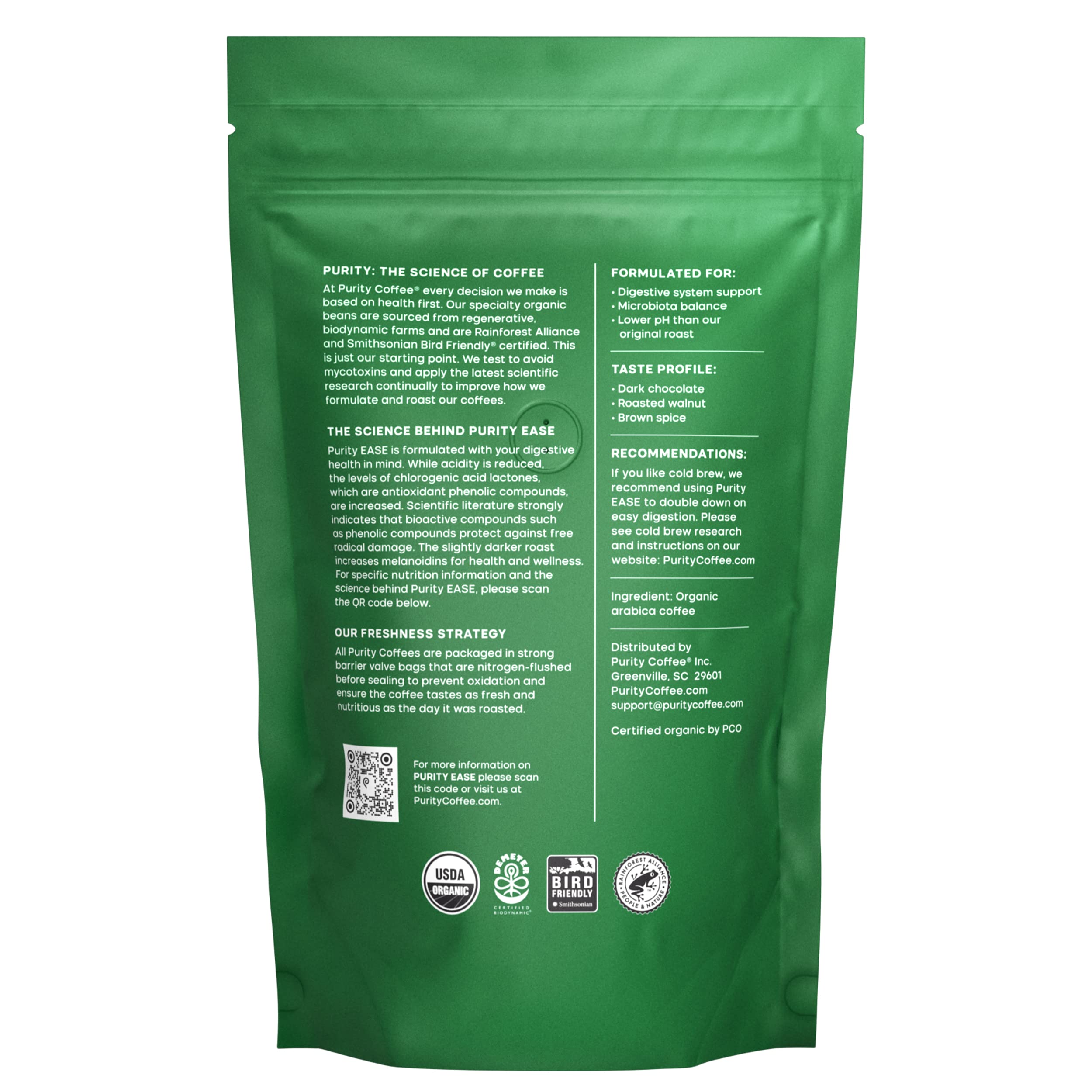 PURITY COFFEE etiqueta EASE con certificaciones orgánicas y sustentables