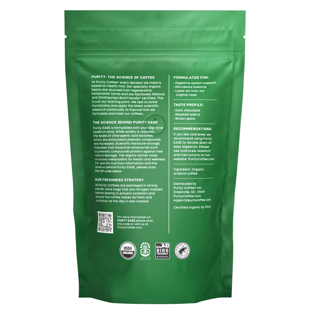 PURITY COFFEE etiqueta EASE con certificaciones orgánicas y sustentables