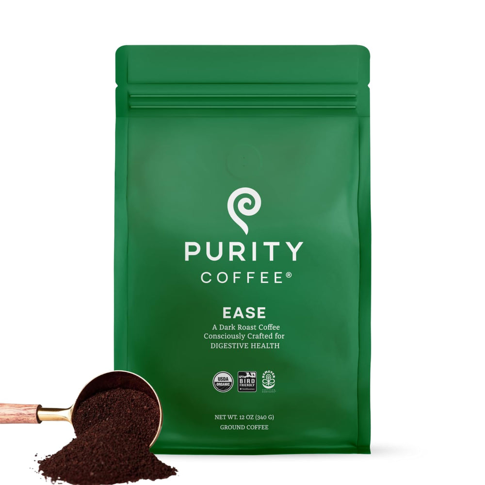 PURITY COFFEE EASE frente del empaque mostrando diseño y sello orgánico