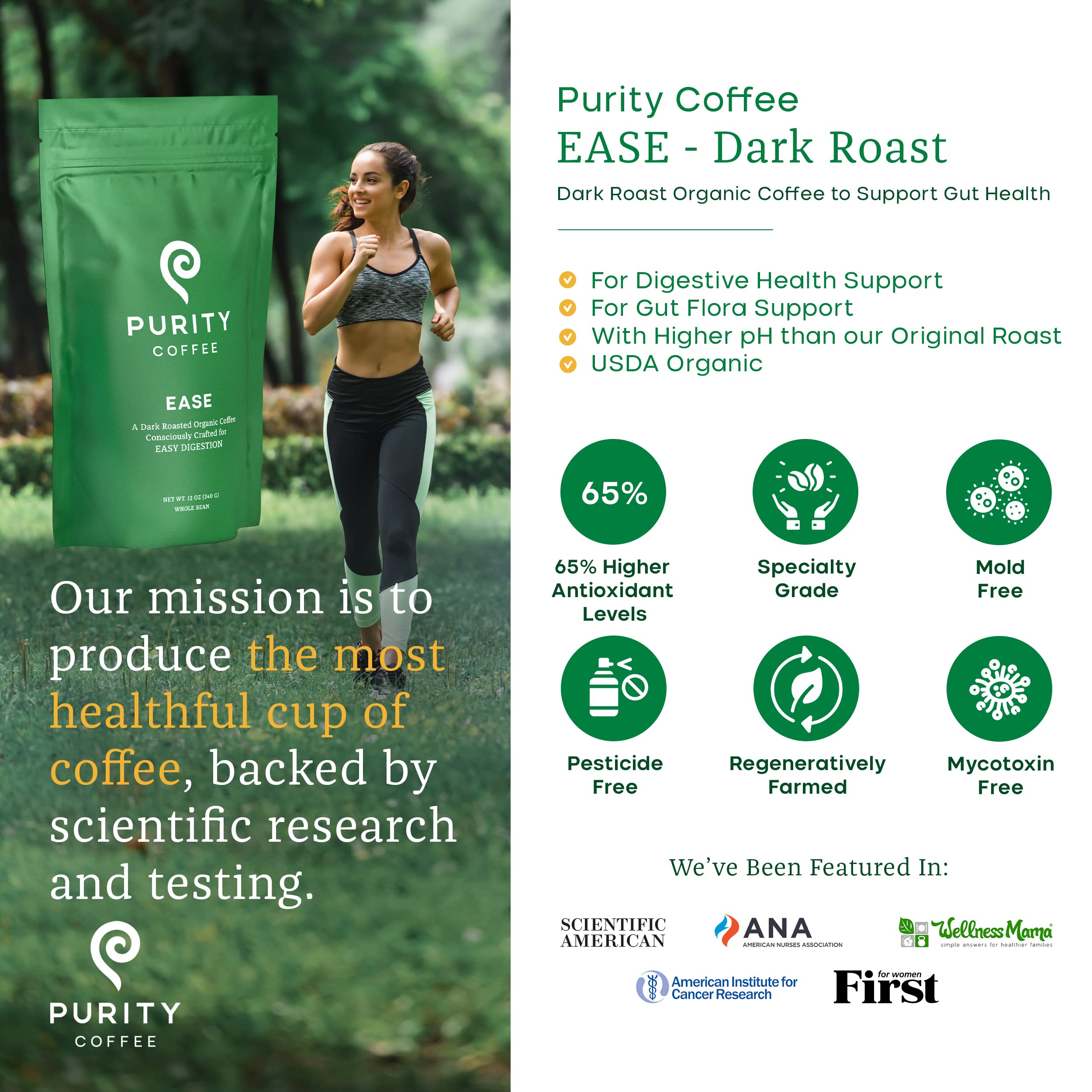 PURITY COFFEE granos EASE en mano que facilitan digestión suave