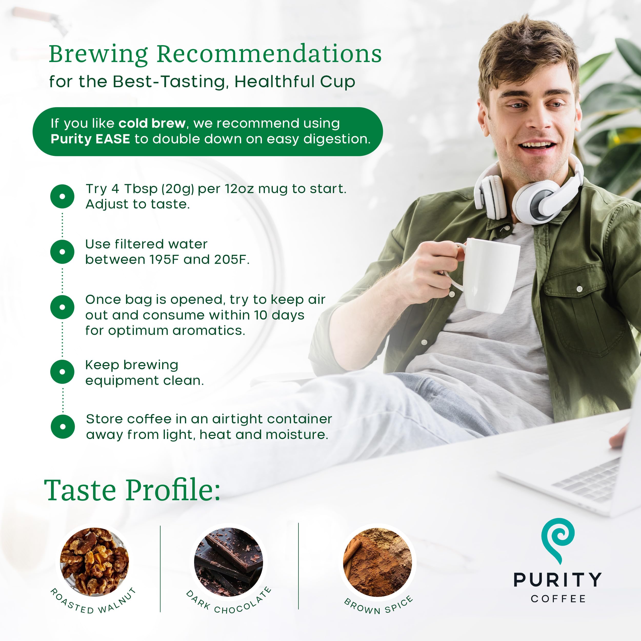 PURITY COFFEE EASE taza servida exhibiendo color y cuerpo equilibrado