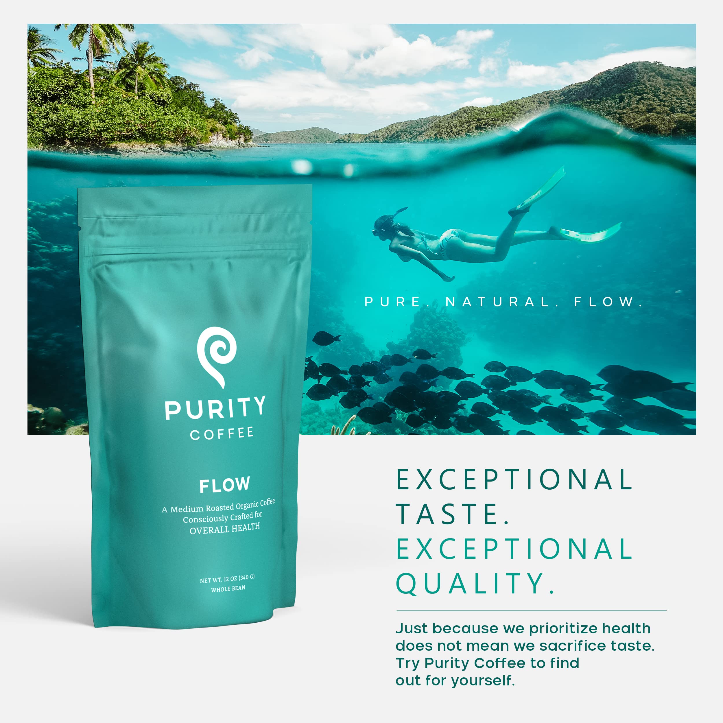 PURITY COFFEE etiqueta FLOW con sellos USDA Organic y Rainforest Alliance, beneficio confianza certificada