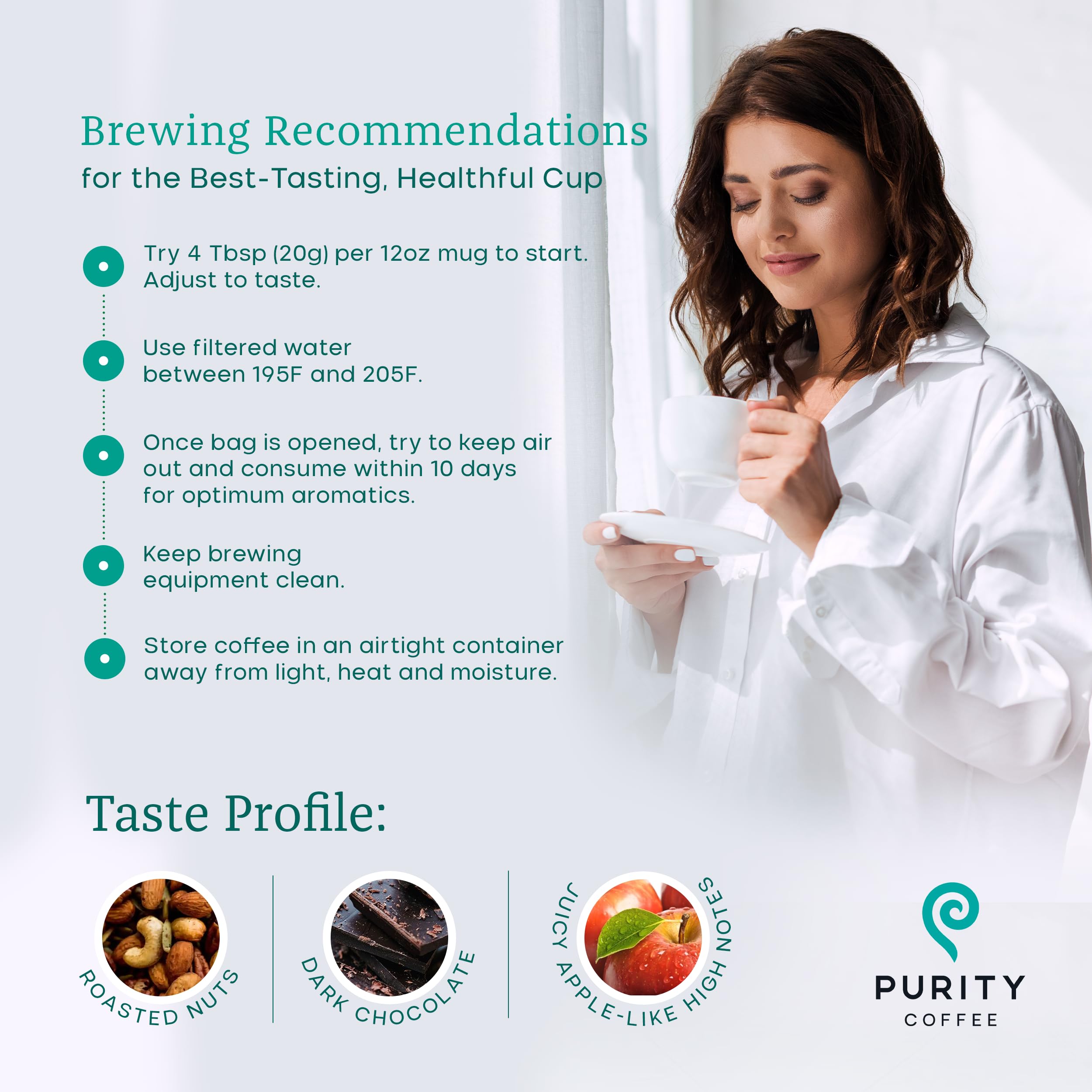 PURITY COFFEE bolsa FLOW al lado de taza para comparar tamaño y porción