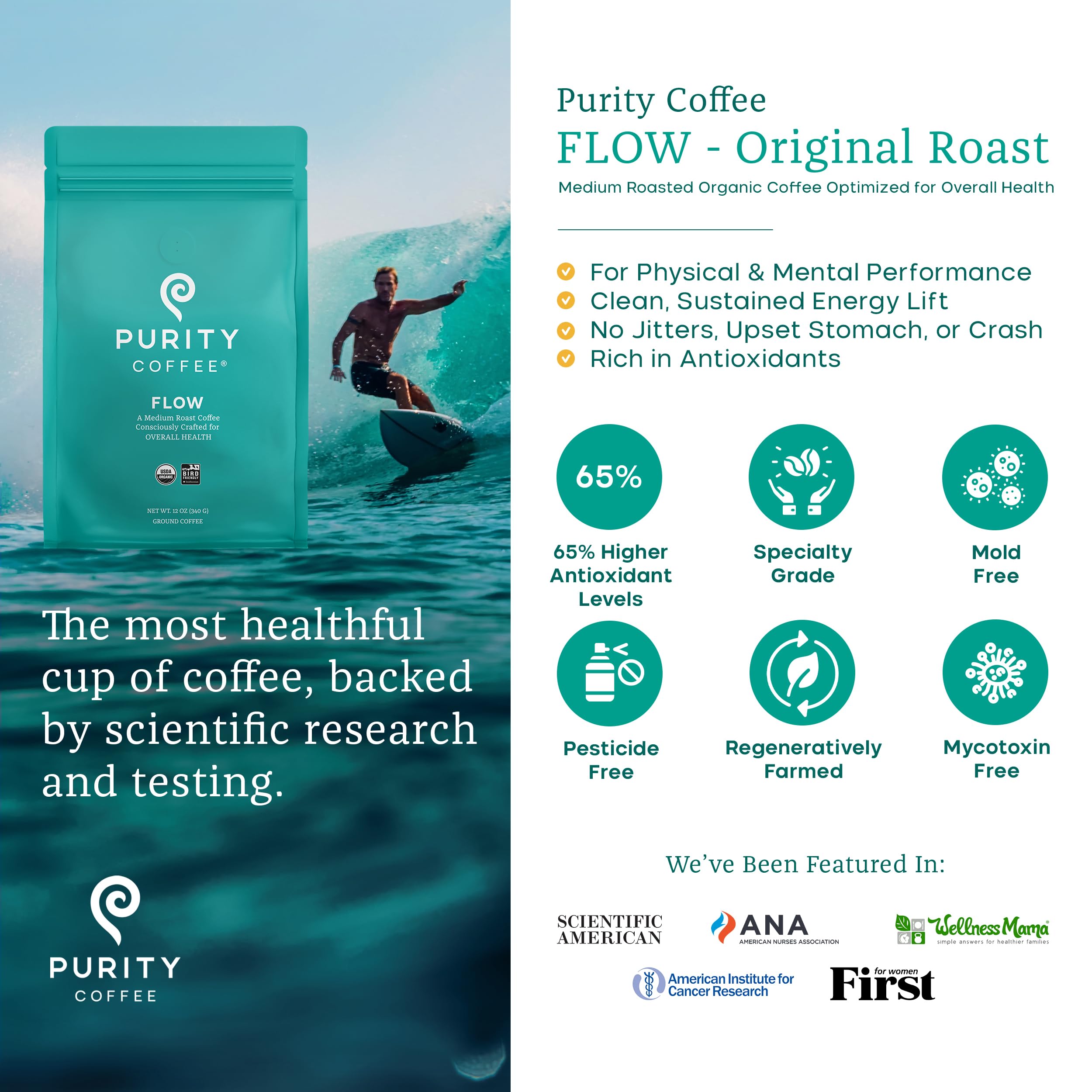PURITY COFFEE granos y textura del molido destacando calidad premium