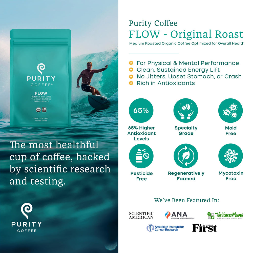 PURITY COFFEE granos y textura del molido destacando calidad premium