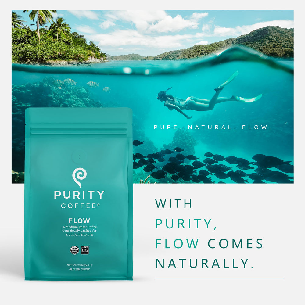 PURITY COFFEE etiqueta con certificaciones orgánicas y sostenibles