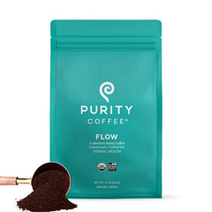 PURITY COFFEE bolsa FLOW frontal mostrando el empaque y frescura