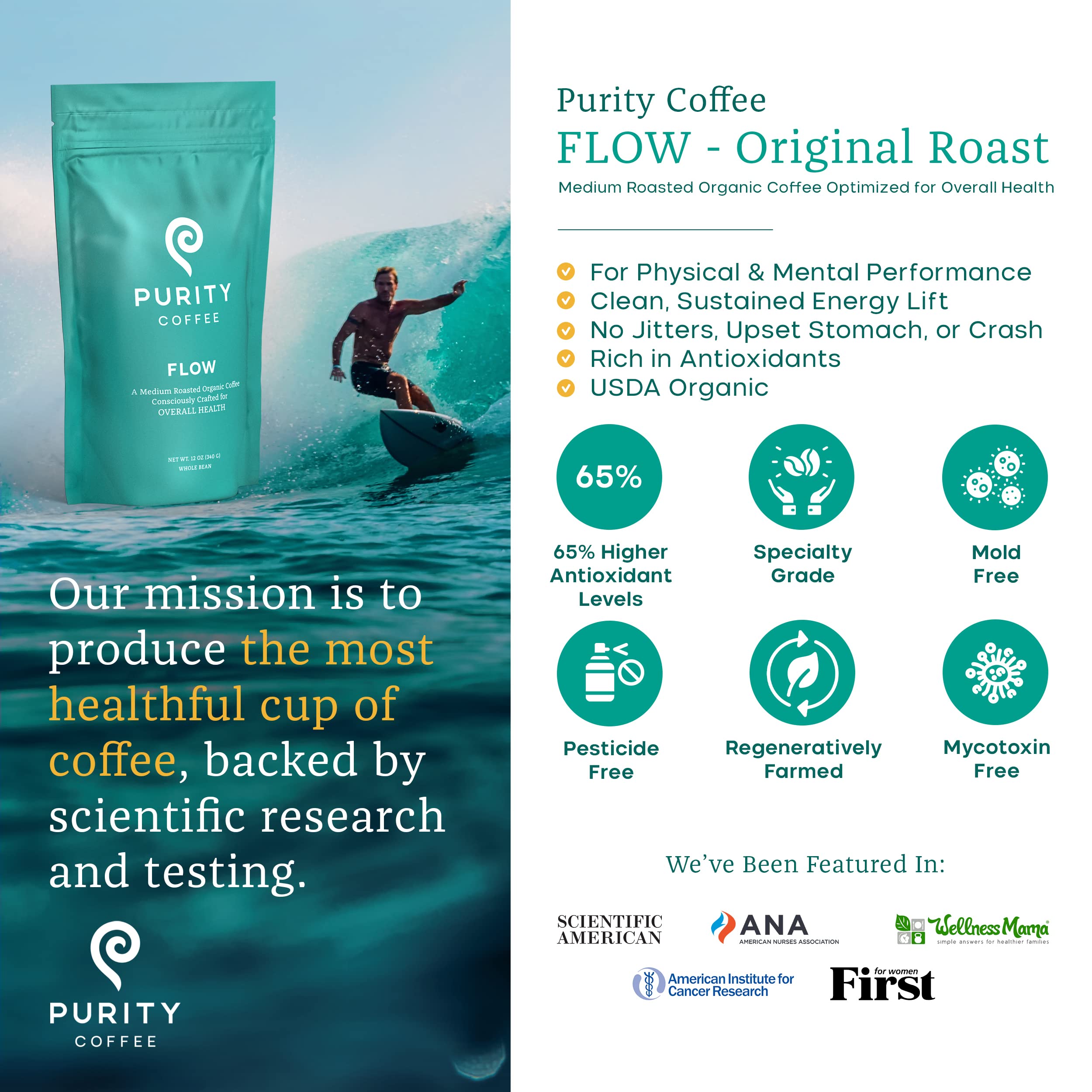PURITY COFFEE primer plano de granos FLOW con textura uniforme, beneficio frescura visible