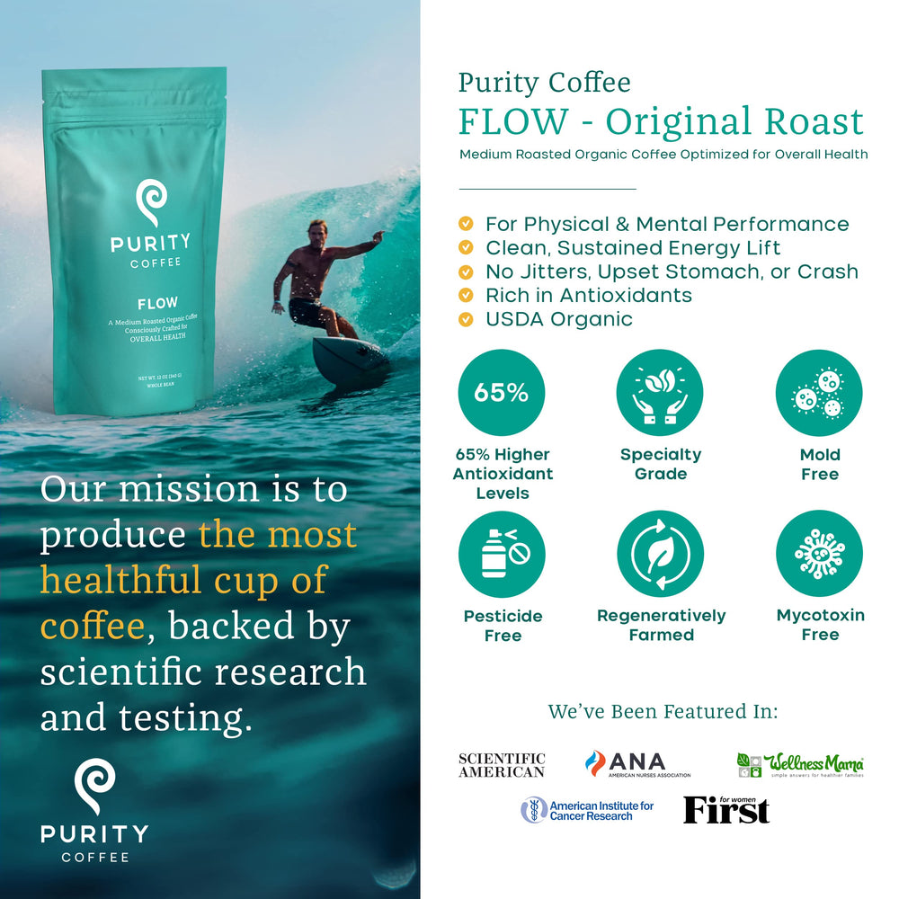 PURITY COFFEE primer plano de granos FLOW con textura uniforme, beneficio frescura visible