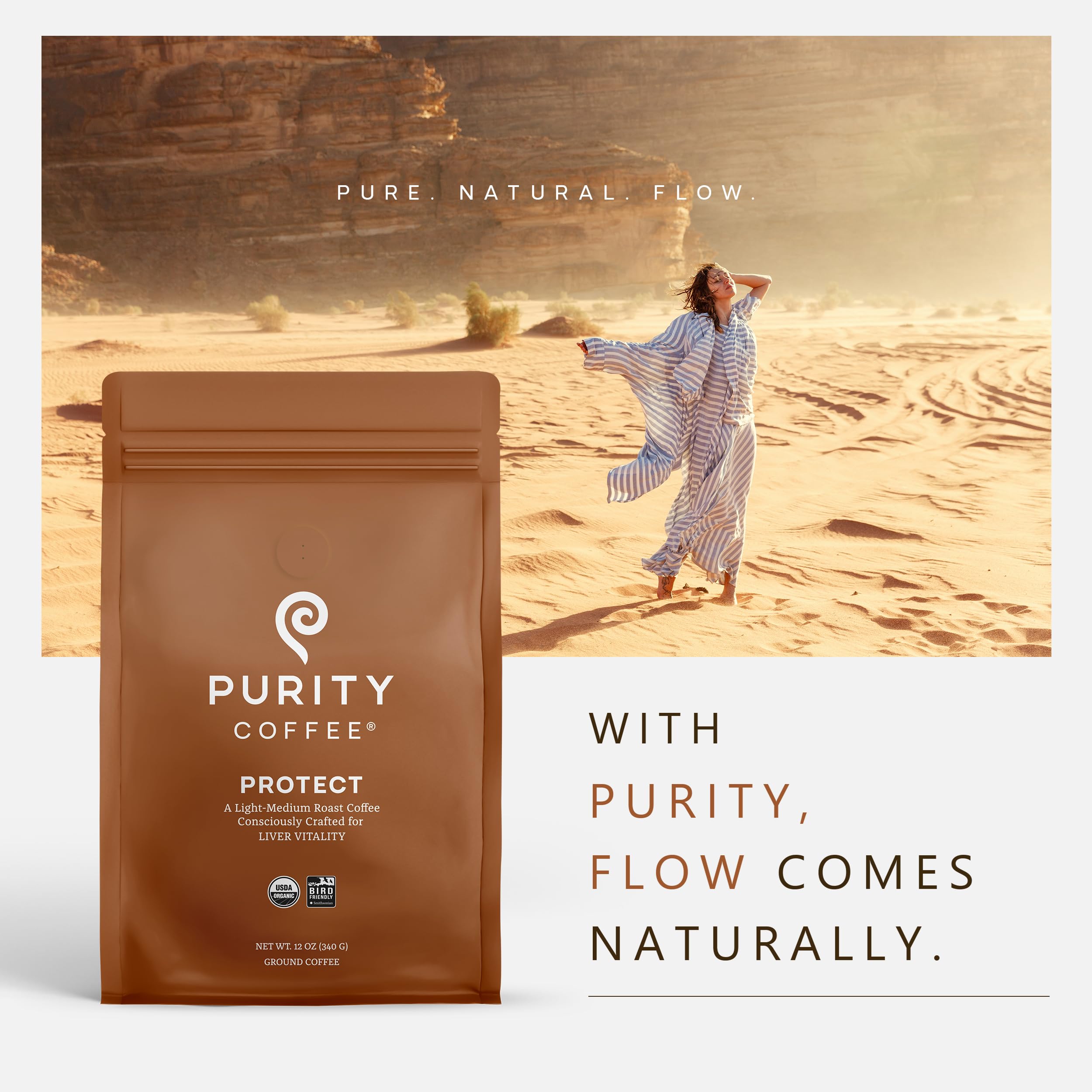 PURITY COFFEE bolsa de 12oz junto a objetos para comparar tamaño y porción