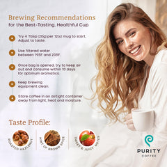 PURITY COFFEE etiqueta con certificados Rainforest Alliance y USDA Organic