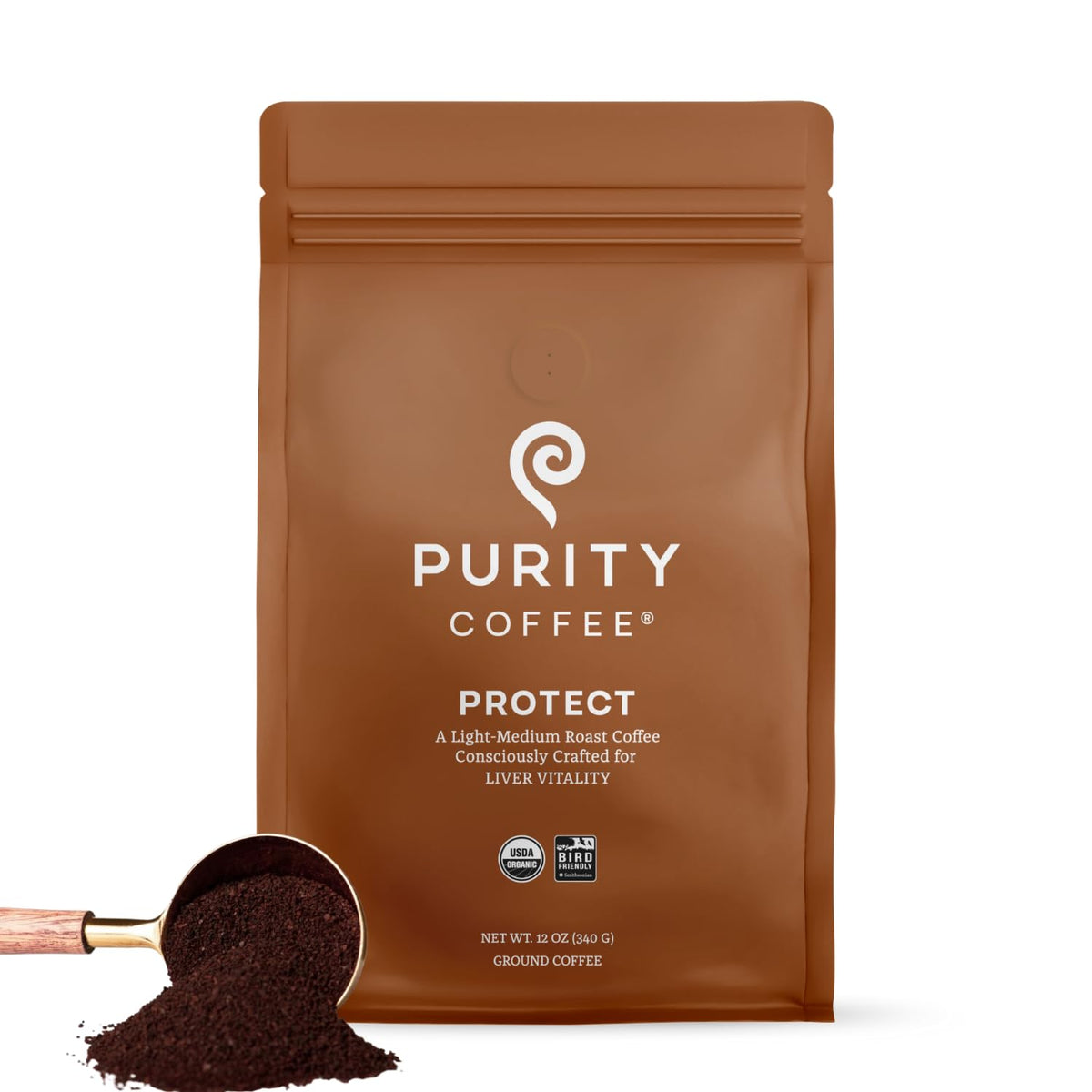 PURITY COFFEE frente del paquete mostrando sello orgánico y diseño claro