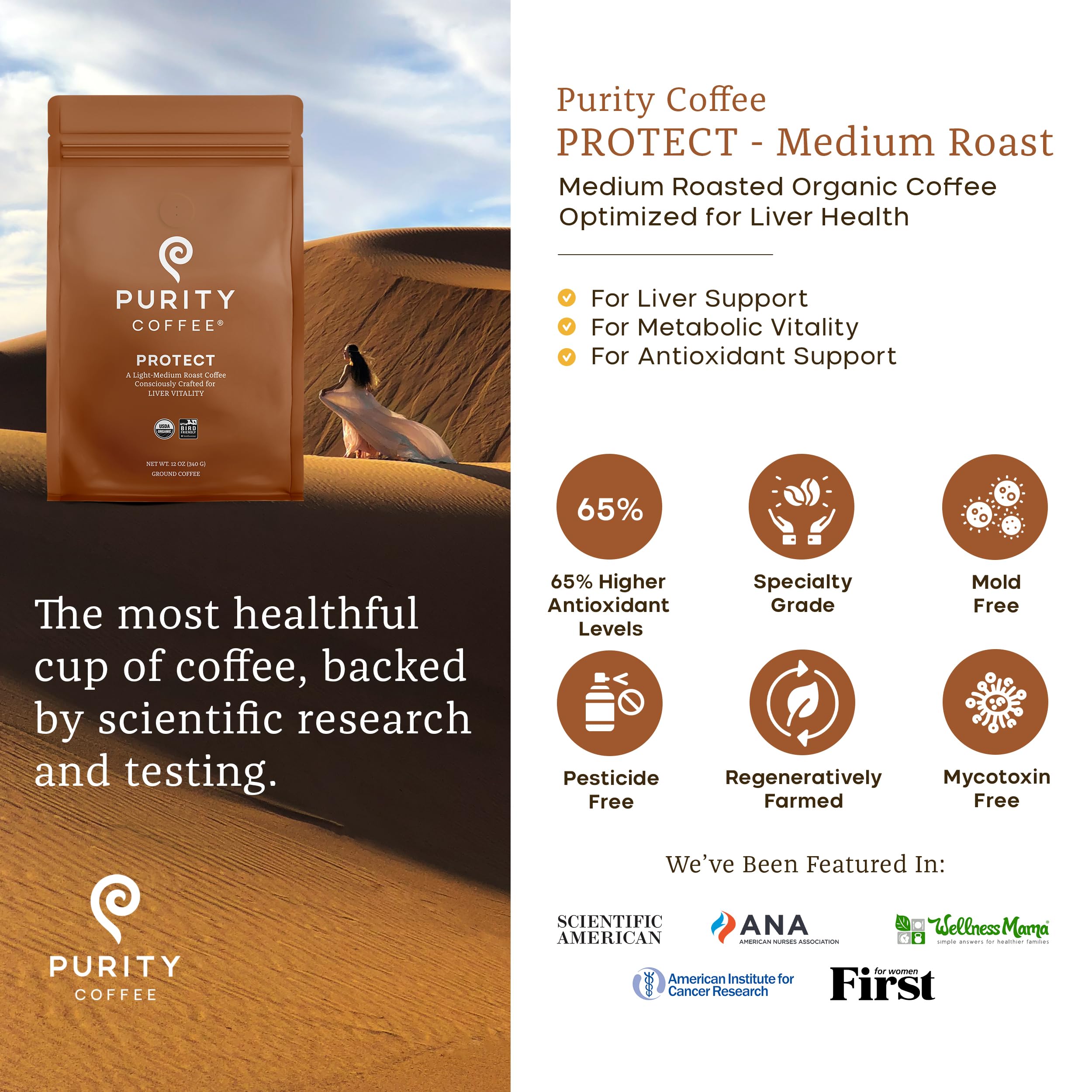 PURITY COFFEE primer plano del molido resaltando textura suave y frescura