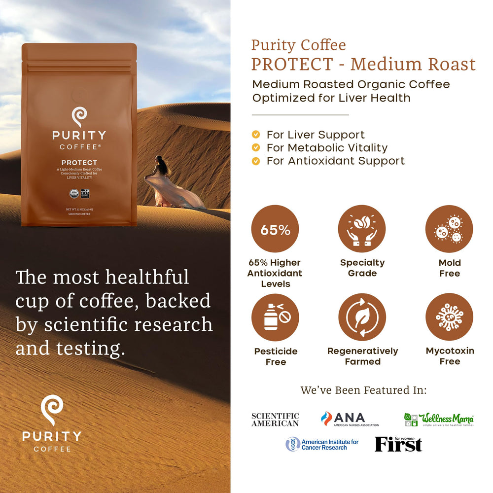 PURITY COFFEE primer plano del molido resaltando textura suave y frescura