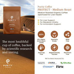 PURITY COFFEE primer plano del molido resaltando textura suave y frescura