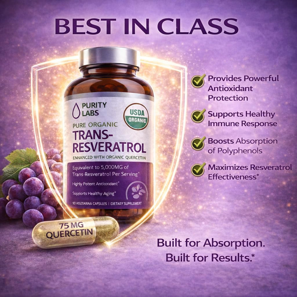 Purity Labs composición visual de resveratrol y quercetina para potencia